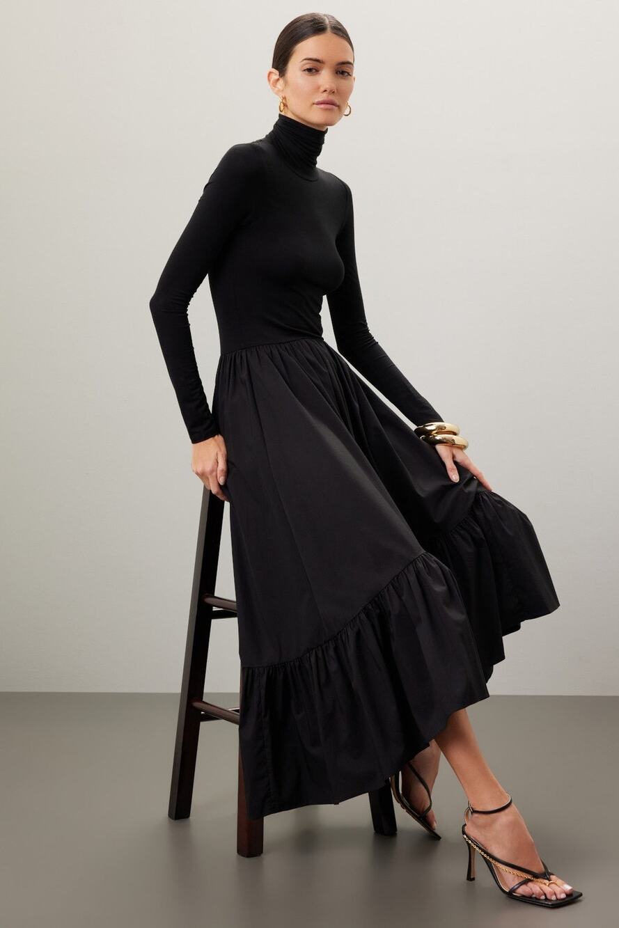Caroline Constas Black Melissa Long Sleeve Turtleneck High Low Flounce Dress L